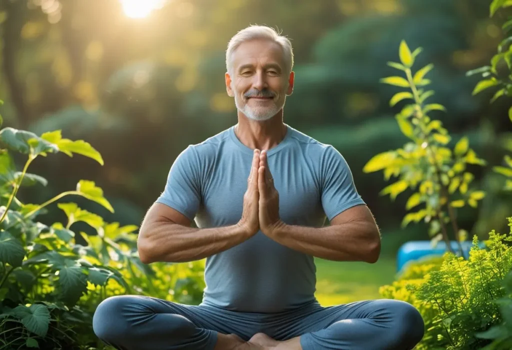 Tratamientos naturales andropausia: hombre maduro practicando yoga al aire libre, disfrutando vitalidad y bienestar